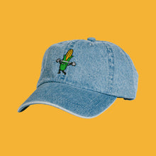 Load image into Gallery viewer, Denim hat with a corn cob lifting weights. Front view.
