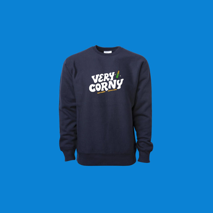 A black crewneck sweatshirt with white text that reads 